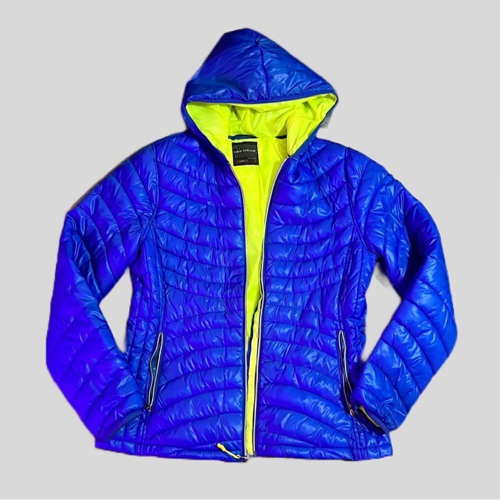 Like New Tek Gear Blue Puffer Coat Women’s Sz Large Warmtek Lime Green Interior